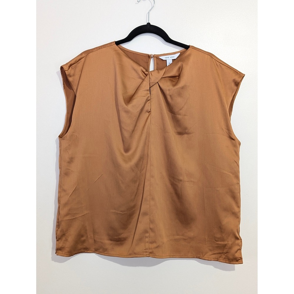 Nine West Bronze Twist Front Sleeveless Blouse Satin Textured Top XL